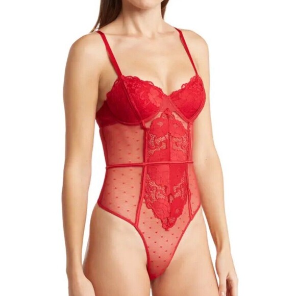 Honeydew Intimates Louisa Lace Dot Mesh Teddy Bodysuit In Vixen Red Sz M New WOT - Picture 1 of 9
